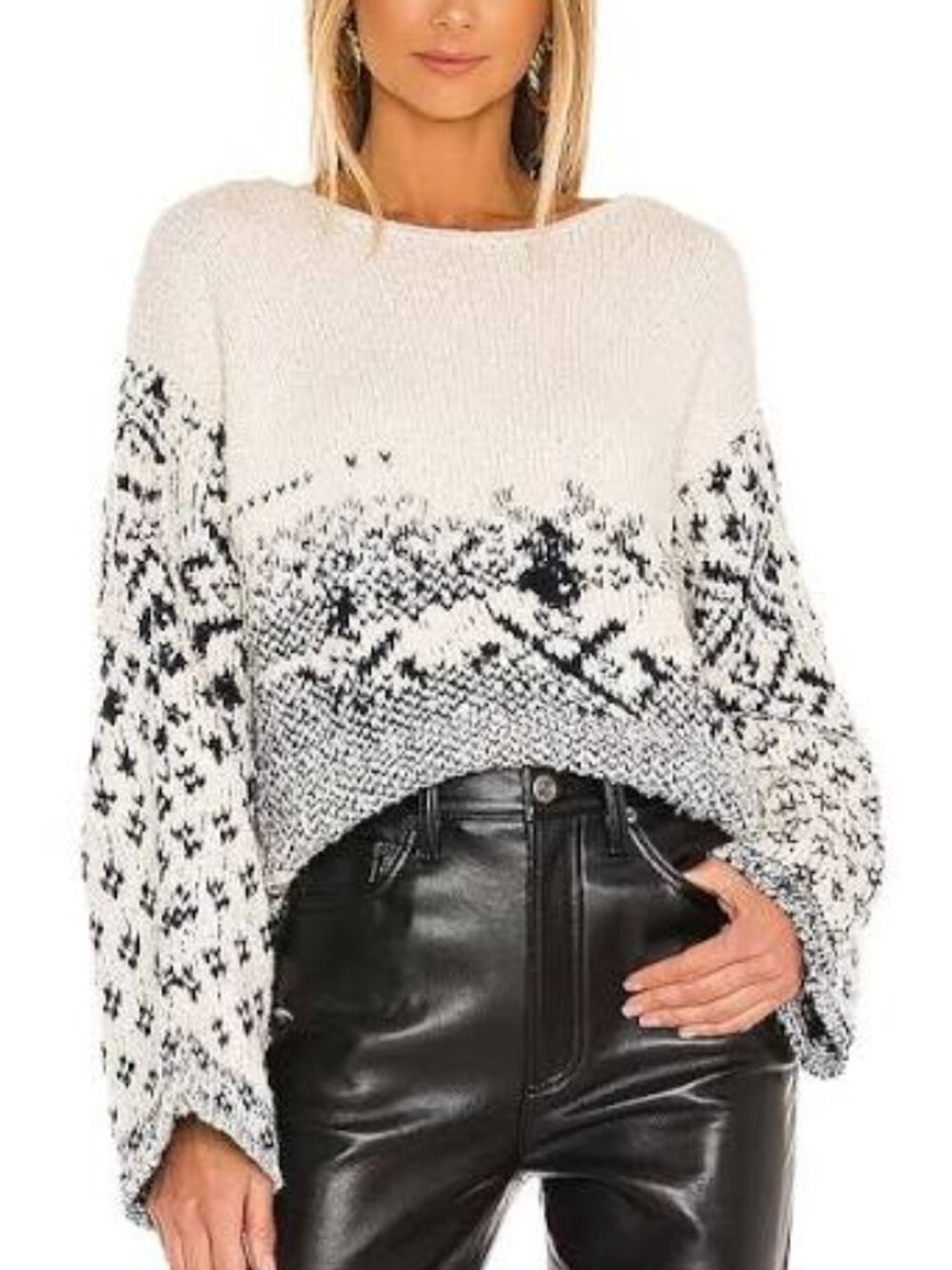 FREE PEOPLE Midnight Beach Pullover Oversized Cropped Sweater - M - White Black